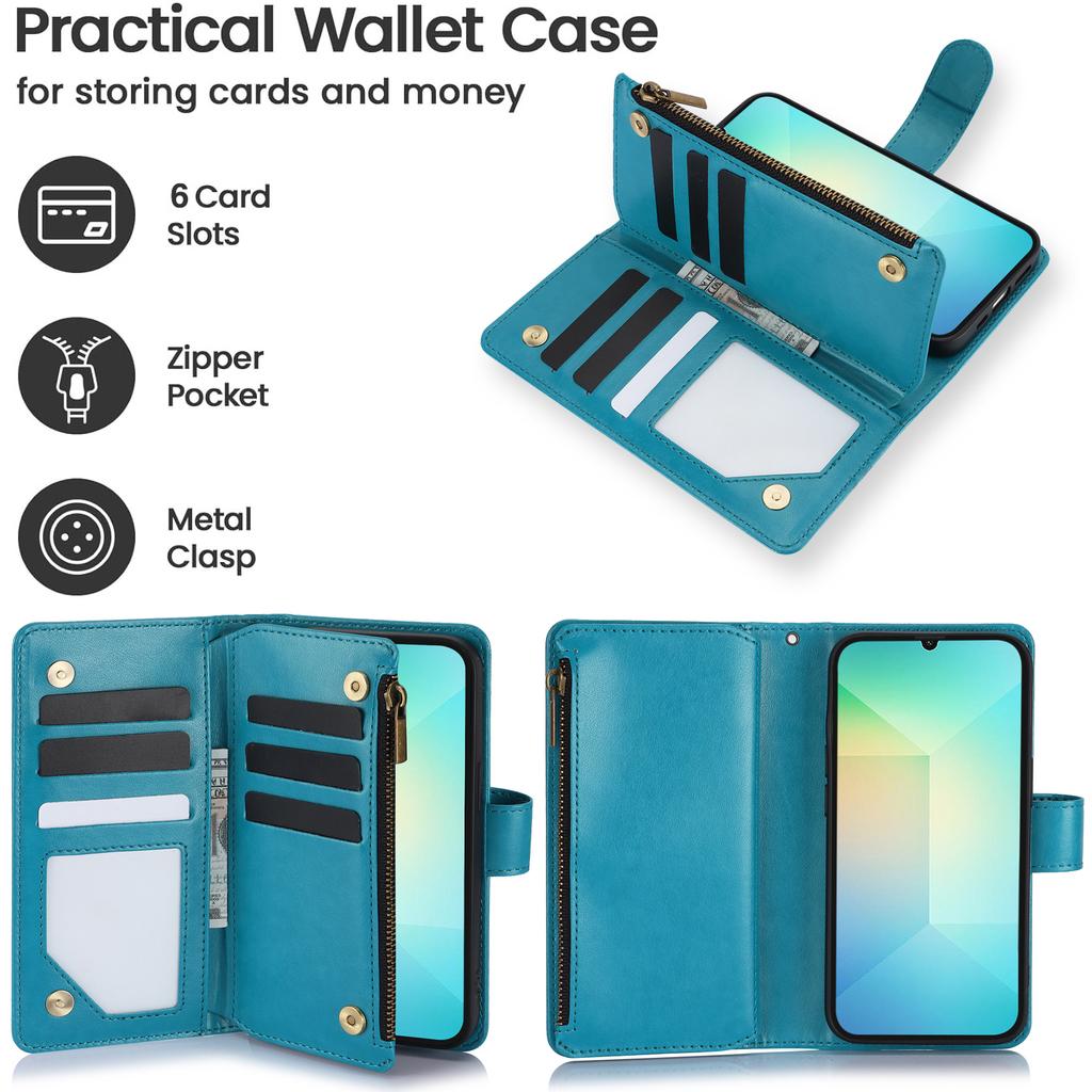 WEFOR for Samsung Galaxy A57 A37 A56 A36 5G A17 A26 A16 A07 A06 Wallet Case, 6 Card Slots/Zipper Pocket, Detachable Wrist Strap