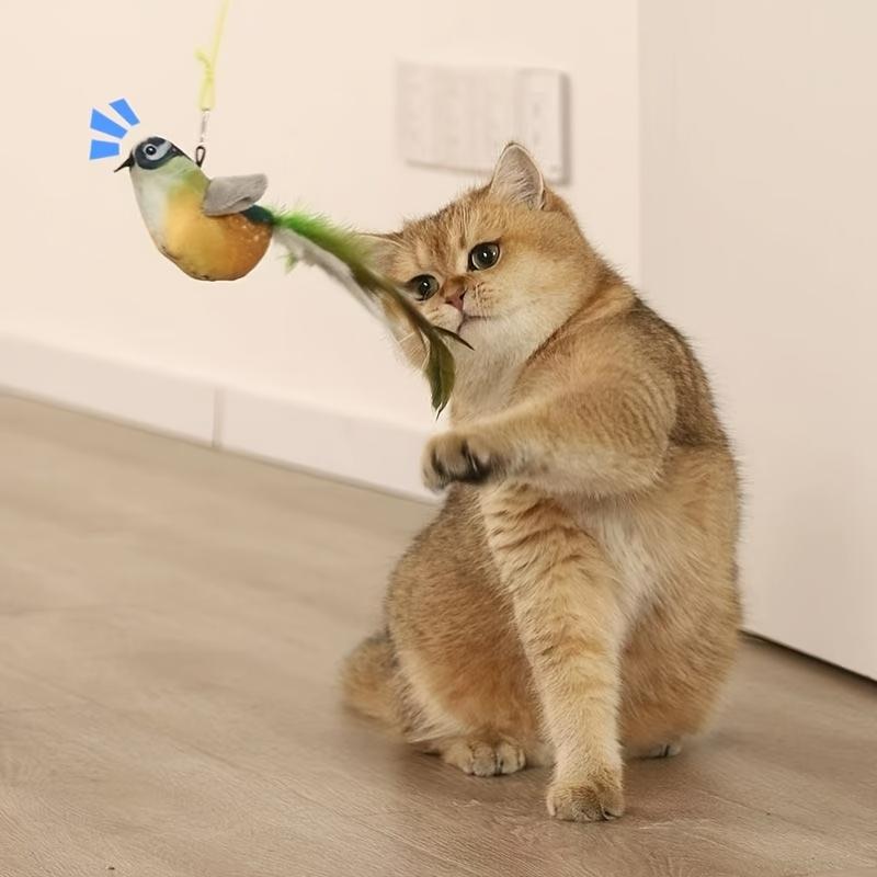 [Cat Toy] Interactive Plush Bird Teaser Toy for Cats - Realistic Chirping Sound, Artificial Feathers, Fluffy Feather Sticks, Single-hunting Fun