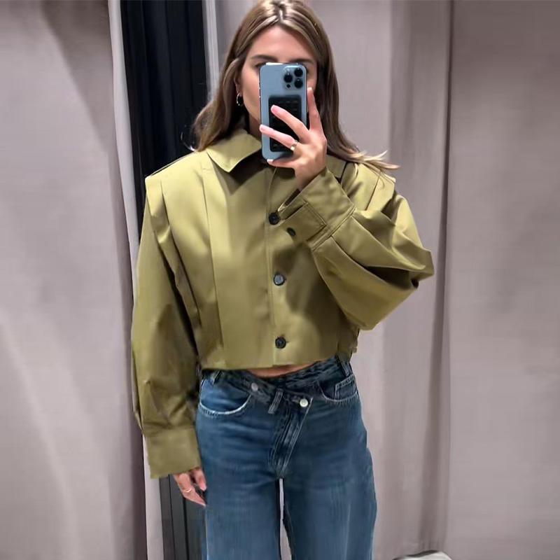 Turndown Collar High Waisted Crop Top Jacket with Pleated Design Women's Long Sleeved Solid Color Short Jacke Commute Autumn 2025