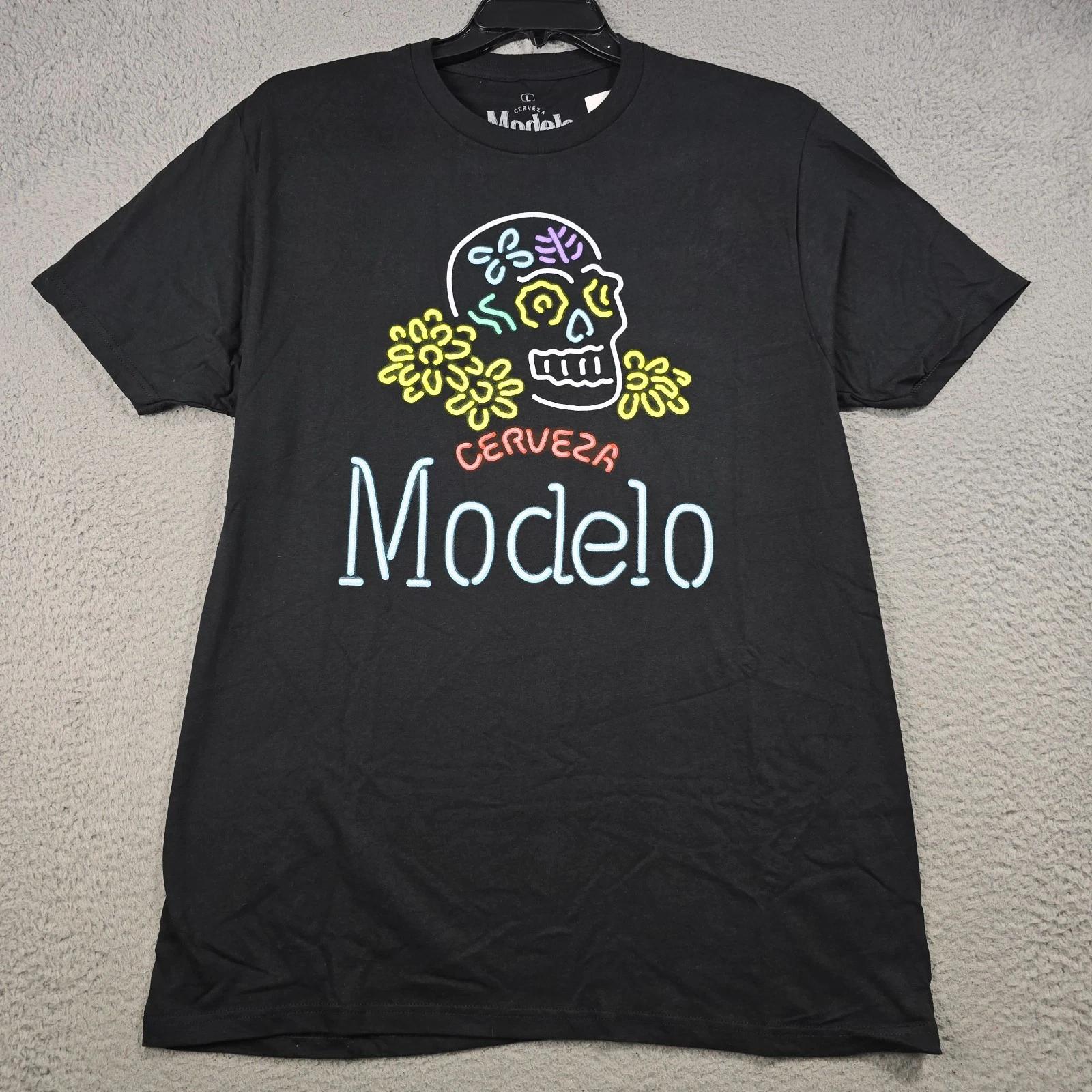 MODELO BEER NEON SHIRT Mens LARGE L BLACK OUTDOOR CERVEZA Brew Casual Skull NWT 2XL