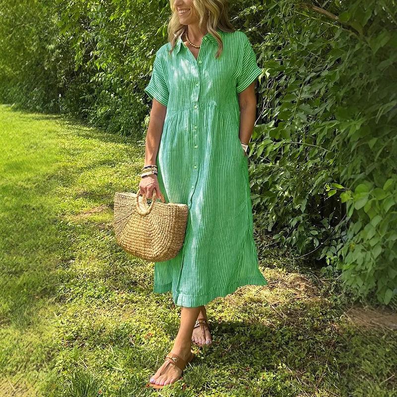 Women Striped Shirt Dress Short Sleeve Lapel Casual Midi Dress with Asymmetric Hem