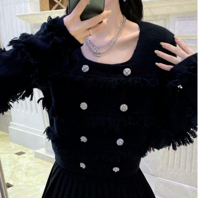 Cardigan Firkantet Hals Dusk Strikket Kåpe Dame Kort Dobbeltspent Cardigan Vår og Høst Genser Cardigan Dame Topp