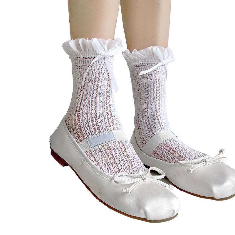 Women Booties Socks Ruffle Turn-Cuffs Summer Crew Socks Ballet Style Lace Ankle Socks Cute Bowknot Middle Tube Socks