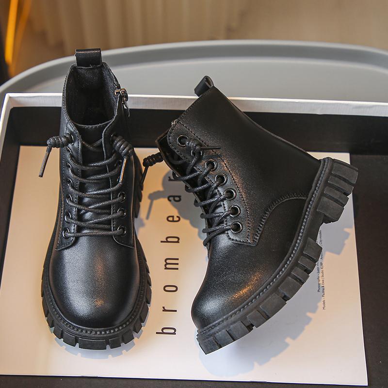 Children's Platform Ankle Boots Spring Autumn Girls Causal Black Leather Boots Fashion Non-slip Kids School Thick Bottom Boots
