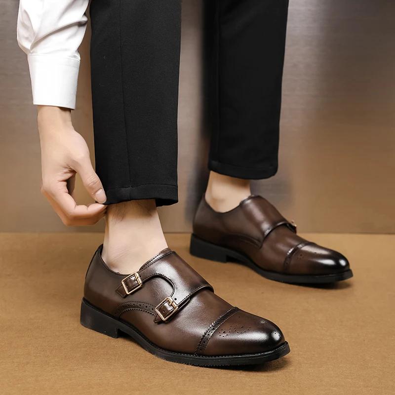 2024 Men's Black Low Top Leather Shoes Classic Double Buckle Fashionable Business Banquet Party Brown Pointed Leather Shoes