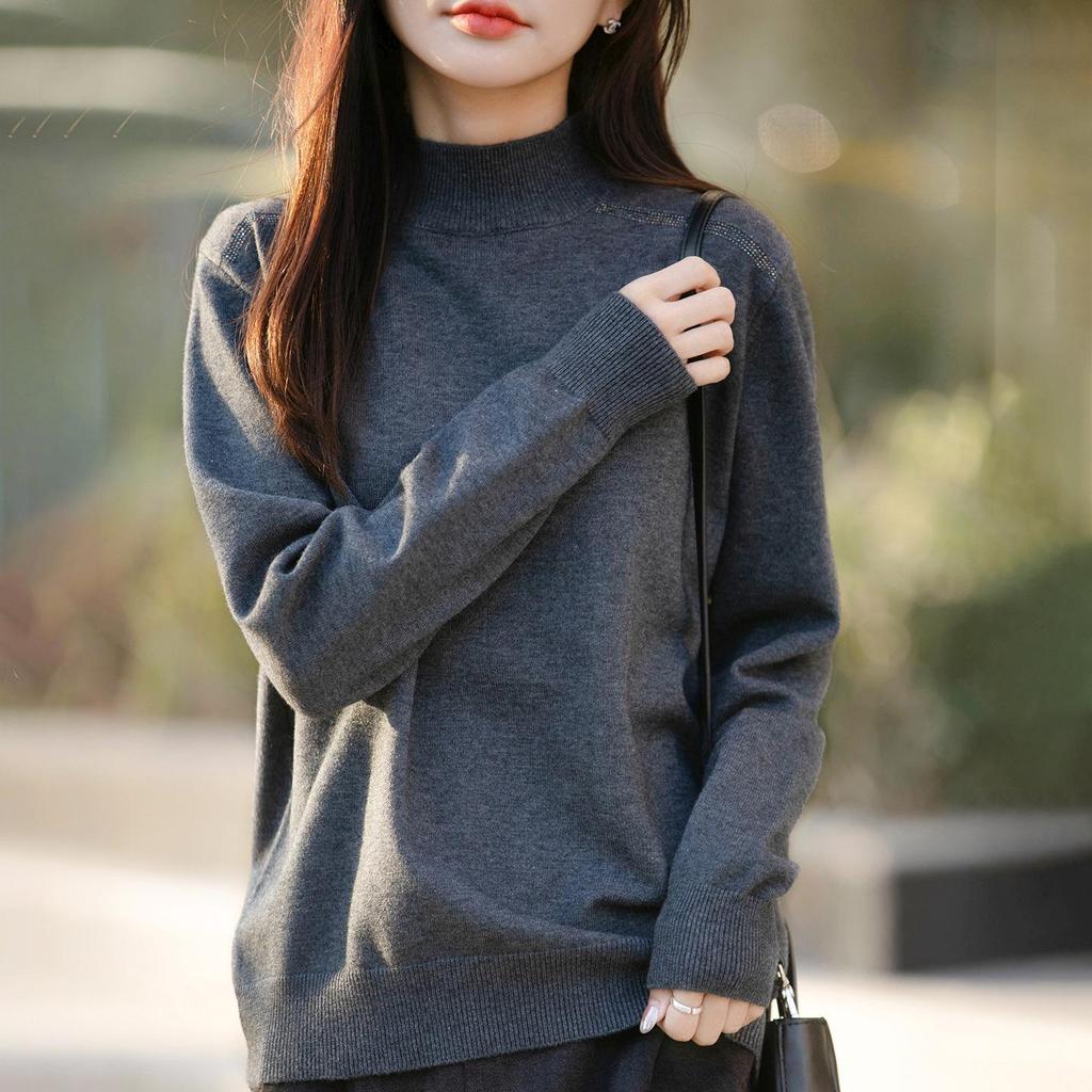French Minimalist Rhinestone High Neck Knit Sweater for Women - 2025 Edition Thick Warm Base Layer