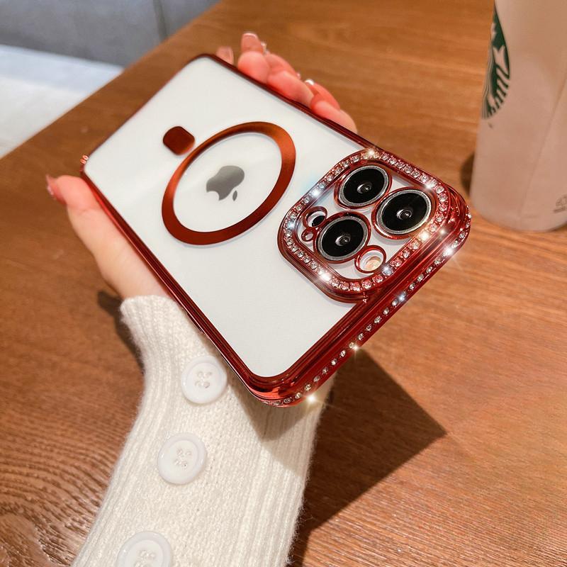 

Подходит для iPhone15 Магнитный чехол для телефона MagSafe, Водяной бриллиант для женщин, Apple 14pro Противоударный 13 Защитный чехол 12 iPhone15plus красный