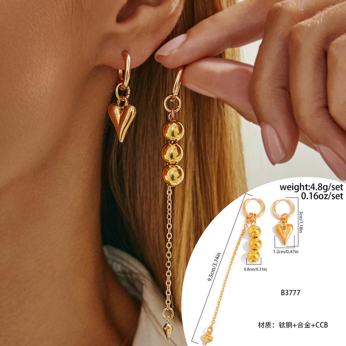 Sweet And Cool Ccb Beaded Love Pendant, Ear Buckle Earrings, Simple Metal Chain Fringed Earrings.