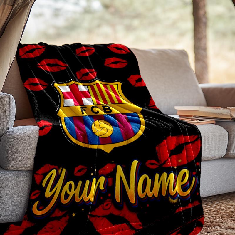 Custom Name Barcelona Football Throw Blanket - Perfect for Couch, Bed, Office, and outdoor Travel - Ideal Gift for Christmas & Holidays