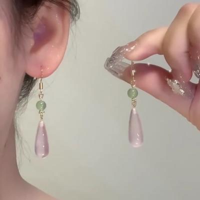 Guochao Pink Water Drop Earrings Simple and Sweet Girl Heart Ear Hook Fashion High Sense Earrings Women