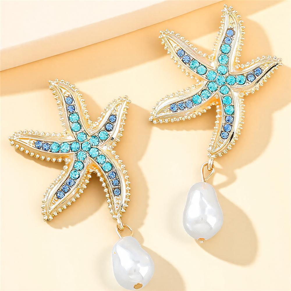Luxury Female Crystal Blue Stone Gold Color Stud Earrings Cute Bridal Starfish Wedding Jewelry For Women