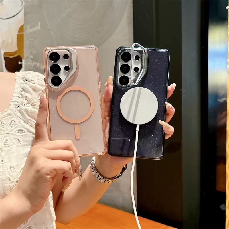 Metal Lens Stand for Magsafe Magnetic Phone Case for Samsung Galaxy S26 S25 S22 Ultra S23 FE S24 Plus Bling Glitter Clear Cover