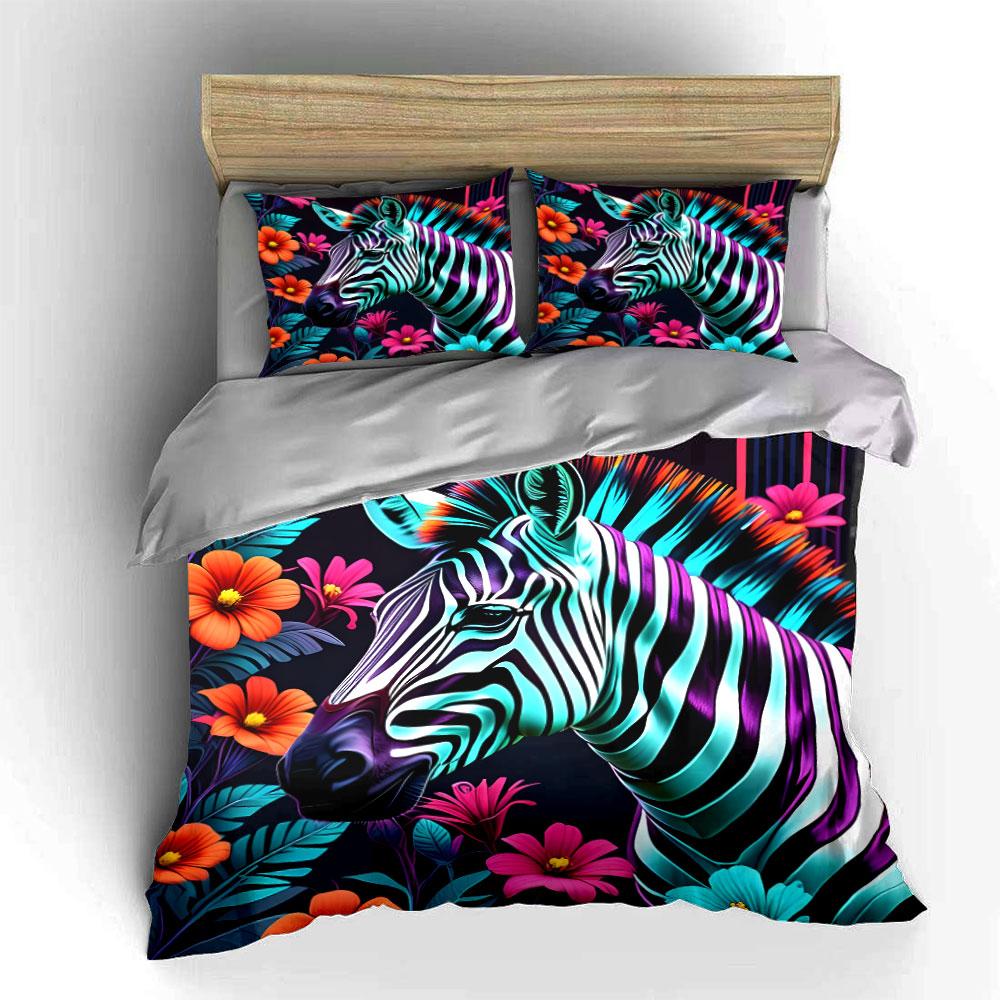 Colorful Zebra Floral Decor Soft Comfortable Duvet Cover Bedding Set Included 1*Duvet Cover & 2*Pillowcases, Gift