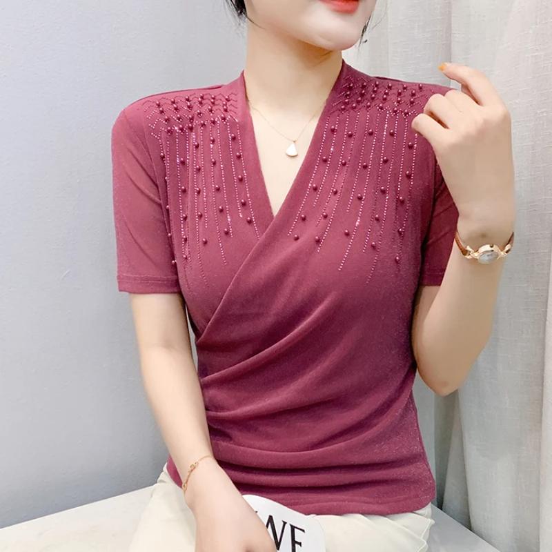 Streetwear Girl Summer Chic Beading Clothes Mesh T-Shirts Sexy V-neck Women's Tops New Casual Short Sleeve Tees