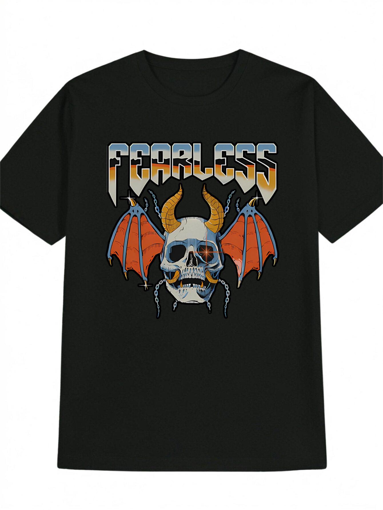 Casual Black T-shirt with Skull and Golden Horns Graphic - FEARLESS Design XXXL