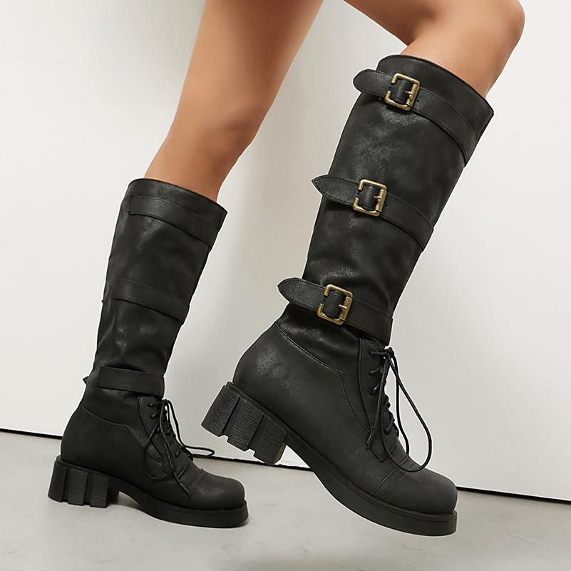 Dreireihige Metallschnalle Krawatte Runde Zehenpartie Dicker Absatz Retro Westernstiefel Atmungsaktives Innenfutter Herbst Neu Kniehohe Stiefel