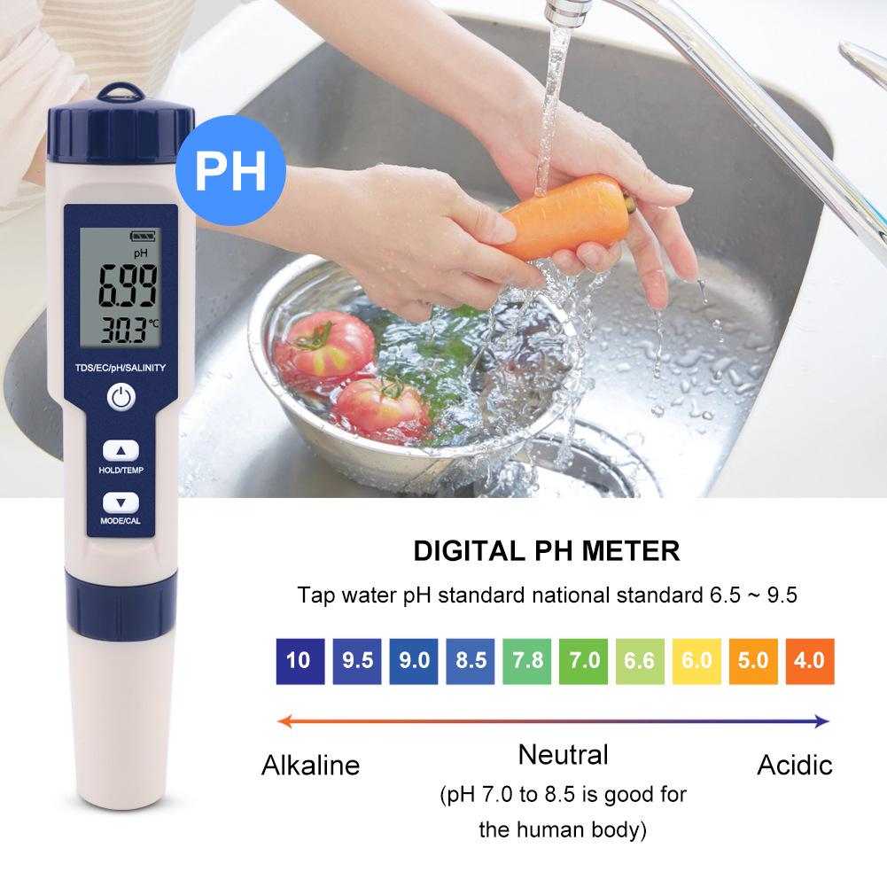 EZ9909PH Five-in-One Water Quality Tester: Tests pH, Salinity, Temperature, TDS, and EC Levels.