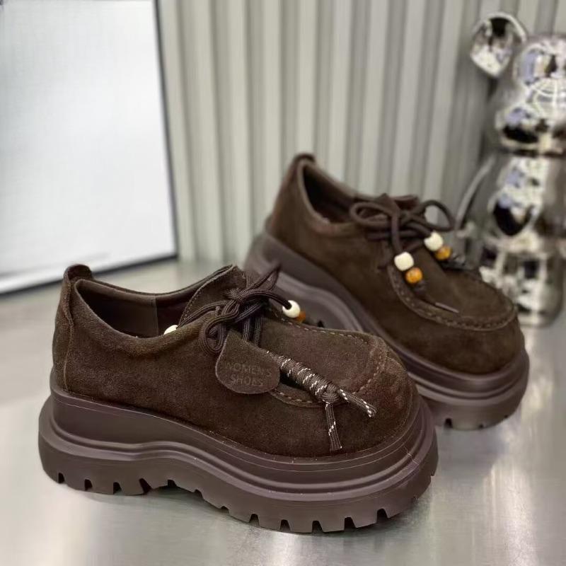 Fashion Platform Single Shoes Autumn New Suede Round Toe Lace-Up Front Non-Slip Wear-Resistant Mid-Heel Low-Top Shoes