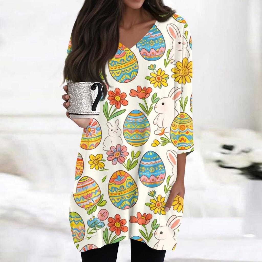 Womens Tops V-neck 3/4 Sleeve Blouses Casual Mid-length Shirts Fashion Print Tunic Tops With Pockets