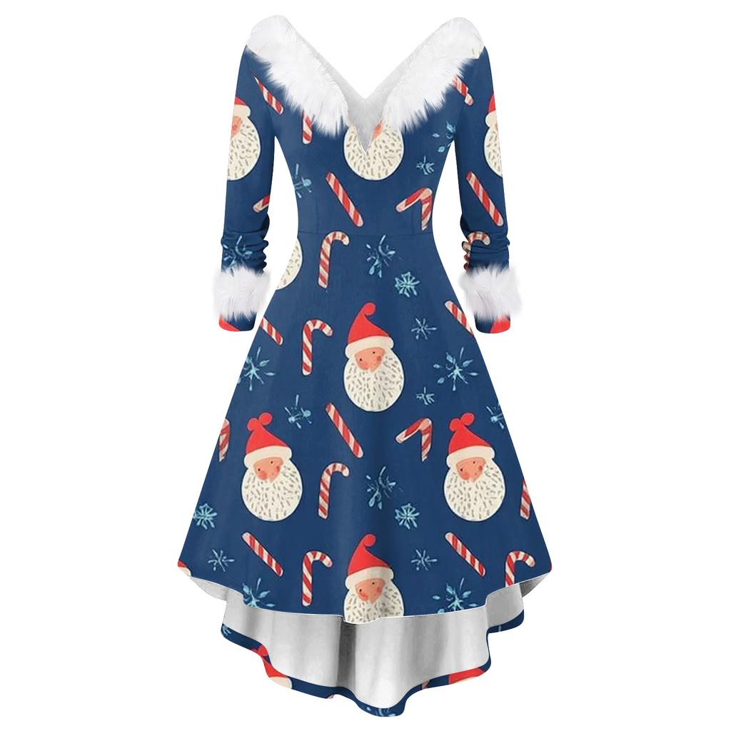 Women's Fashion Elegant Autun And Winter Long Sleeve V-Neck Christmas Print Dress