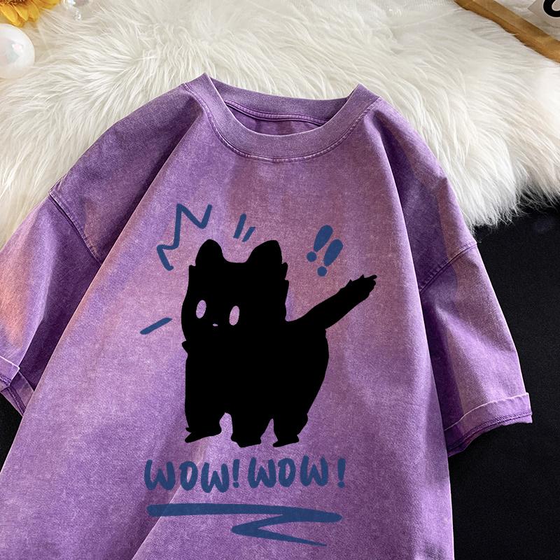 

Винтажные футболки с водной стиркой Вау Вау Веселые топы с черным котом Повседневная хип-хоп одежда с коротким рукавом для мужчин и женщин Хлопковые парные топы XL