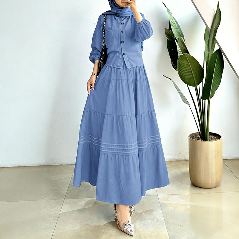 

ZANZEA Women Long Sleeve Blouse and Long Skirts Outfits Casual Two Piece Sets S светло-синий