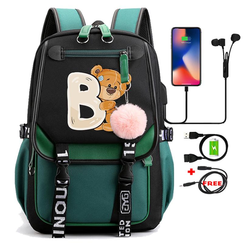 Lovely Little Bear 26 English Letters Student School Bag Backpack Outdoor Teenage Girl Cartoon Bookbag Laptop Travel Rucksack