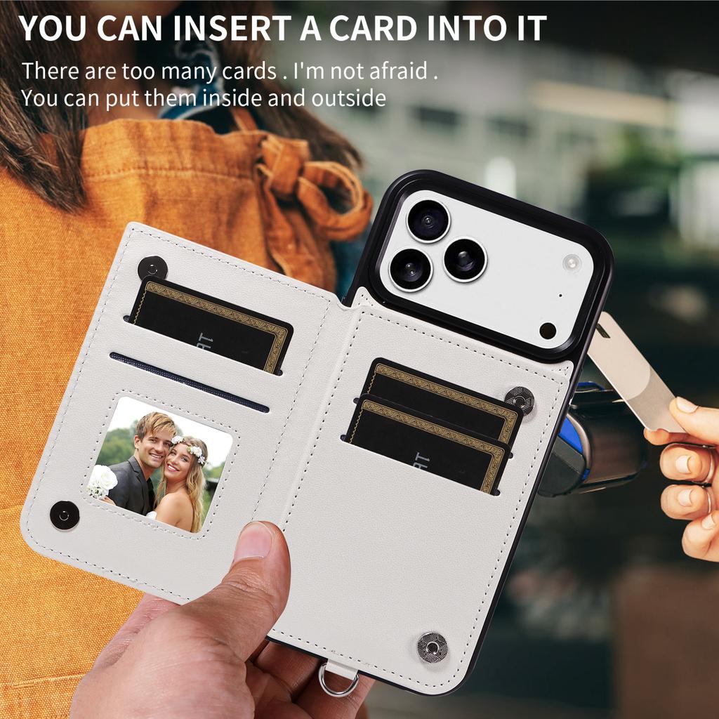 For iPhone 17 Pro Max Case Card Bag Kickstand Leather Coated TPU Phone Cover with Wrist Strap