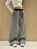 Damen Grau Gestreifte High-Waist Weite Hosen 2025: Elastischer Bund, Mit Samt gefüttert, Lässiges Kordelzug-Design