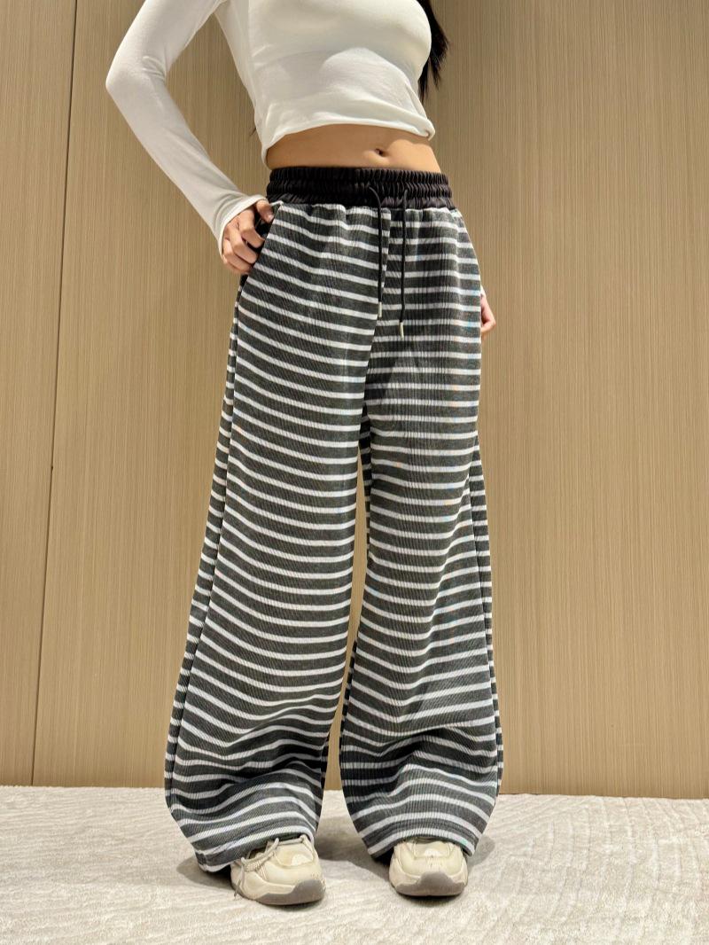 

Women s Gray Striped High-Waist Wide-Leg Pants 2025: Elastic Waist, Plus Velvet, Casual Drawstring Design XL (125-145 lbs)