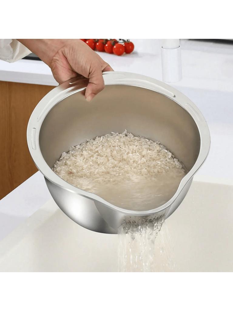 Stainless Steel Rice Washing Bowl with Drain Holes, 2-in-1 Vegetable Fruit Strainer Colander Basket for Kitchen Sink