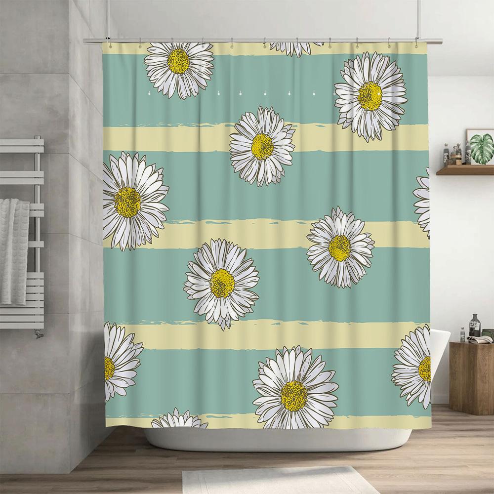 Chic Floral Print Shower Curtain with Yellow Stripe Bath Decor Luxury Waterproof Home Decoration Modern Bathroom Accessories F