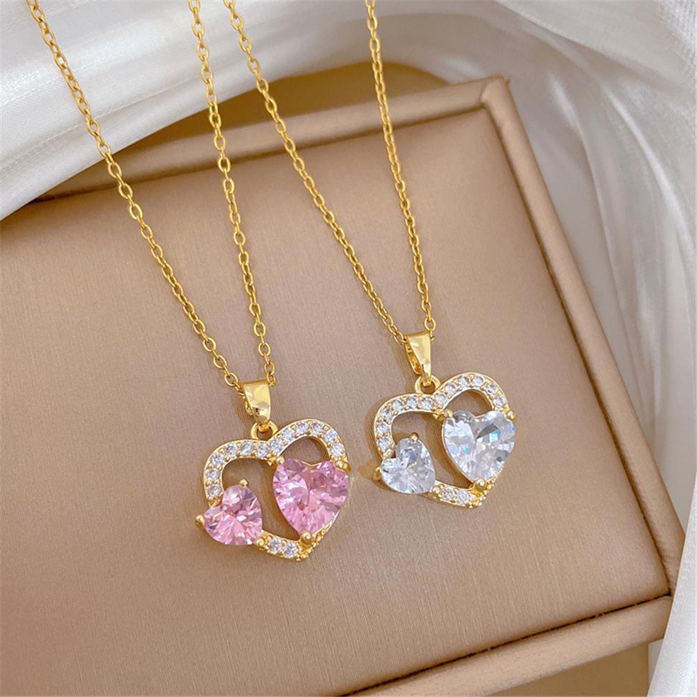 Elegant Charm Female White Pink Zircon Stone Skeleton Heart Pendant Necklace Gold Color Wedding Jewelry For Women