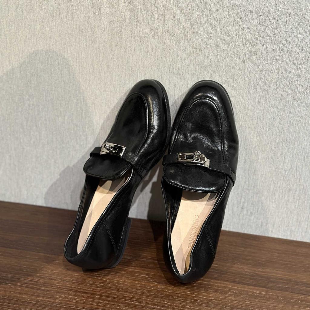 Cowhide version~ British style metal lock loafers one pedal retro and old temperament small leather shoes low heel single shoes