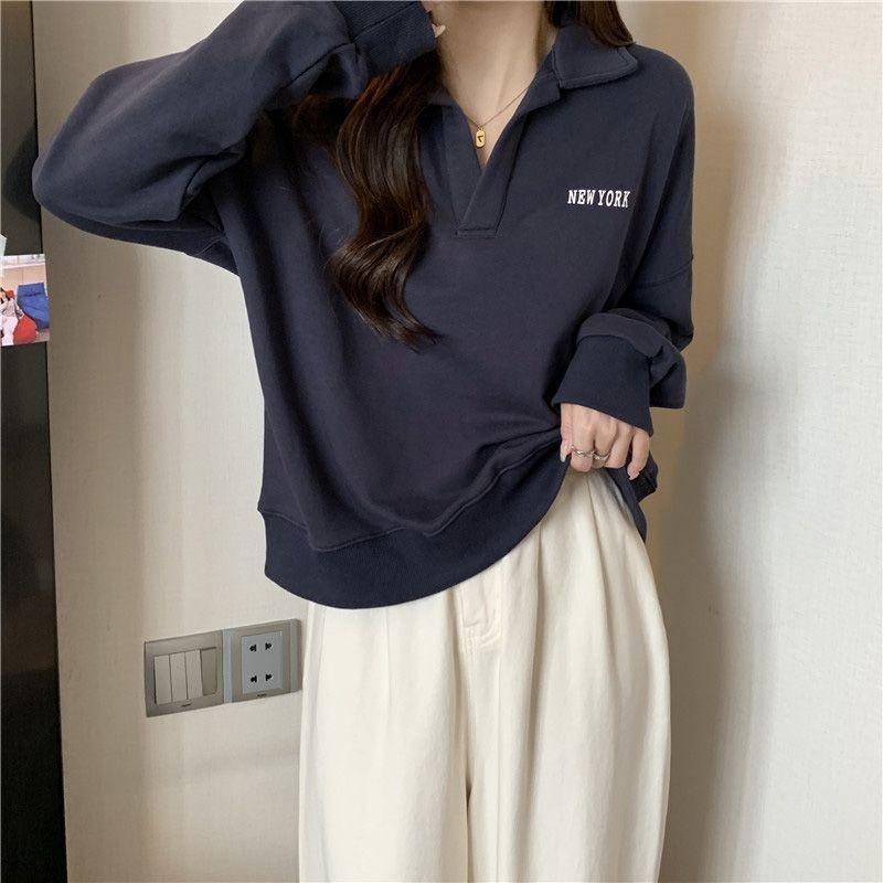 Women Loose Long Sleeve Polo Collar Thin Casual Sweatshirt For Ladies