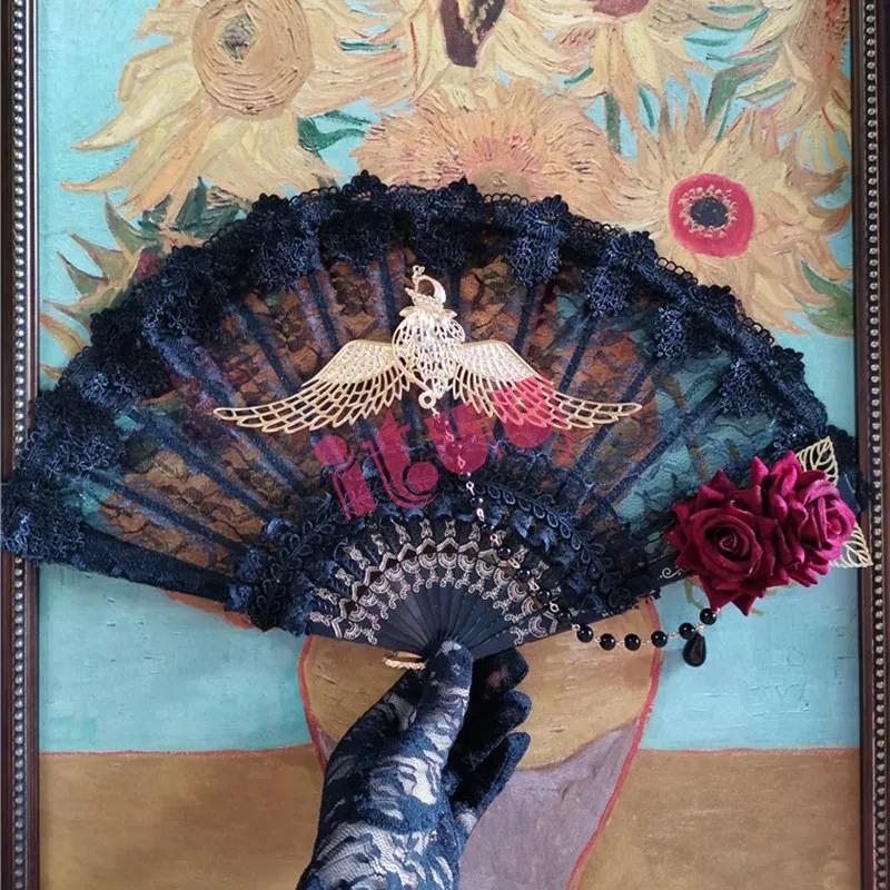 Lolita Cosplay Hand Held Fan Gothic Angel Wing Feather Rose Bead Chain Lace Flower Black Folding Fan Dance Photo Props Halloween