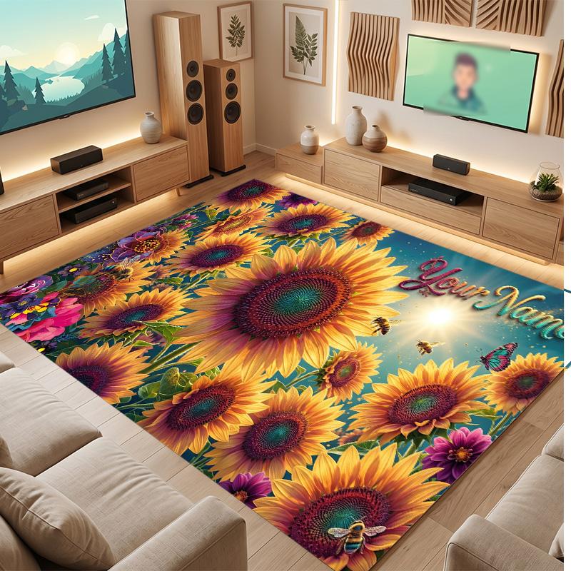 Floral Garden Theme Soft Crystal Velvet Rug Custom Name & Text Print Non Slip Floor Rug for Bedroom Living Room