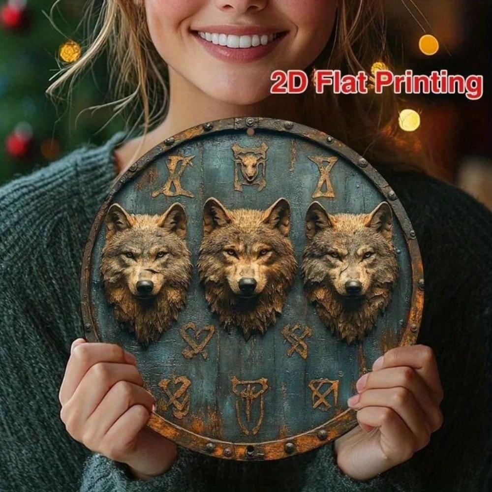 Viking Shield Wall Art Metal Painting Scandinavian Wolf Runic Decor 20x20cm
