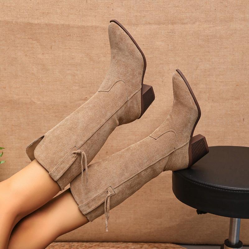 Fashion Block Heel Single Boots Autumn New Pointed Toe Suede Sleeve Non-Slip Wear-Resistant Medium Boots