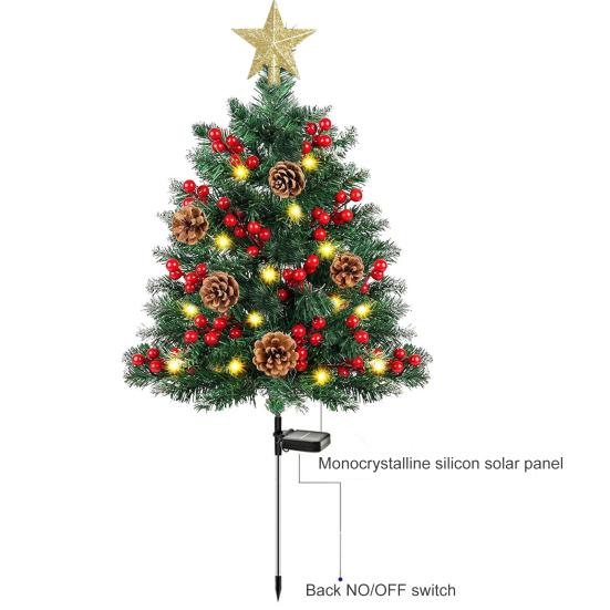 23 Inch Lighted Artificial Christmas Urn Filler Pre-lit Xmas Pine Tree with Cones Red Berries Tripod Stake And LED Light Outdoor Porch Planter Filler
