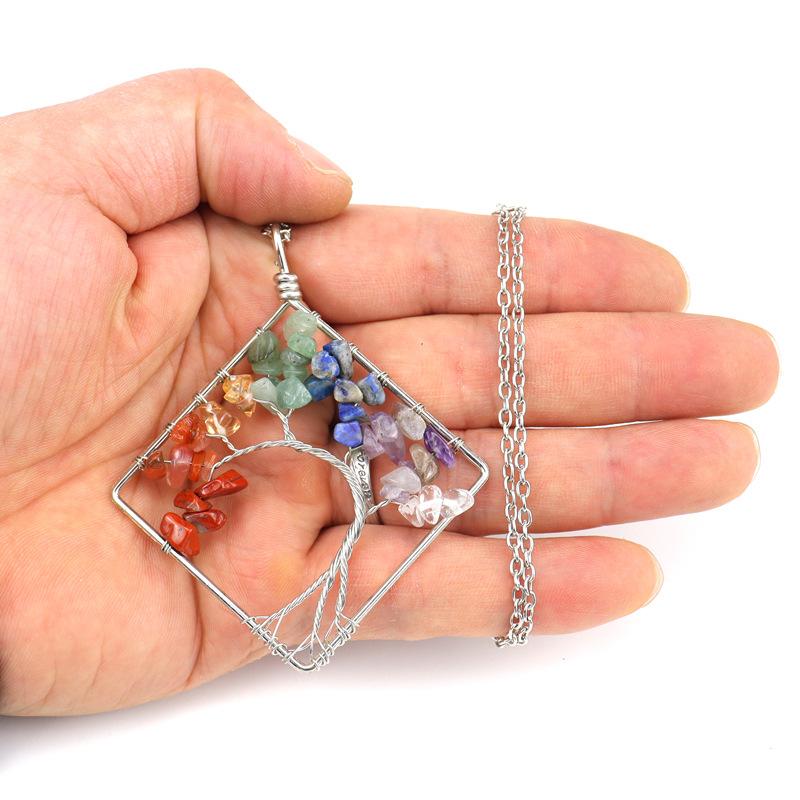 Wrapped Colorful Natural Stone Crystal Square Curved Tree Of Life Pendant Necklace N08 Fresh And Sweet