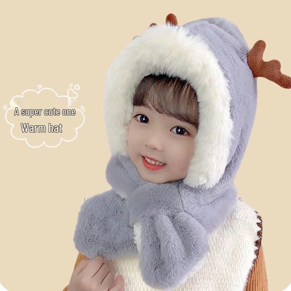 Children's Unisex Deer Hat & Scarf Set - Warm Plush, Velvet, Windproof, Ear-Protected for Autumn/Winter