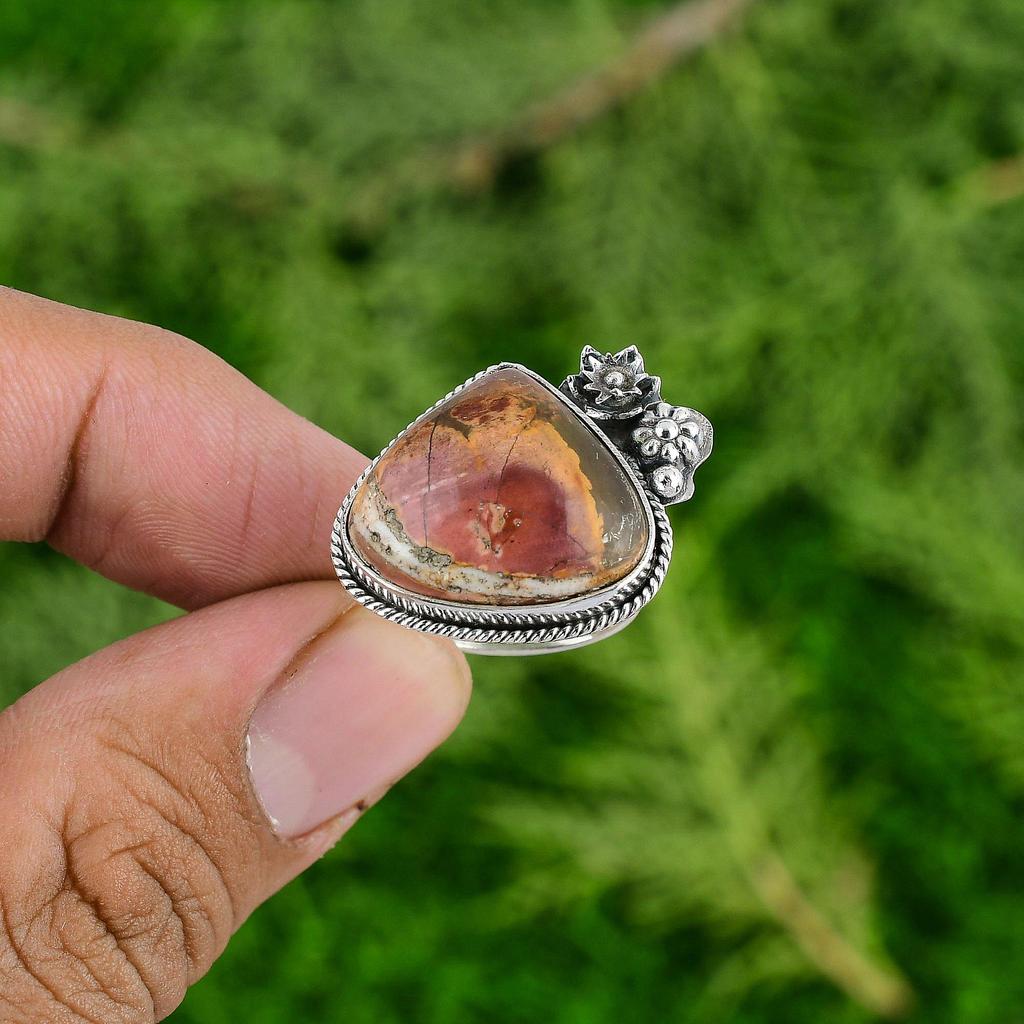 Gift For Women Solitaire Flower Adjustable Ring 925 Silver Natural Mookaite