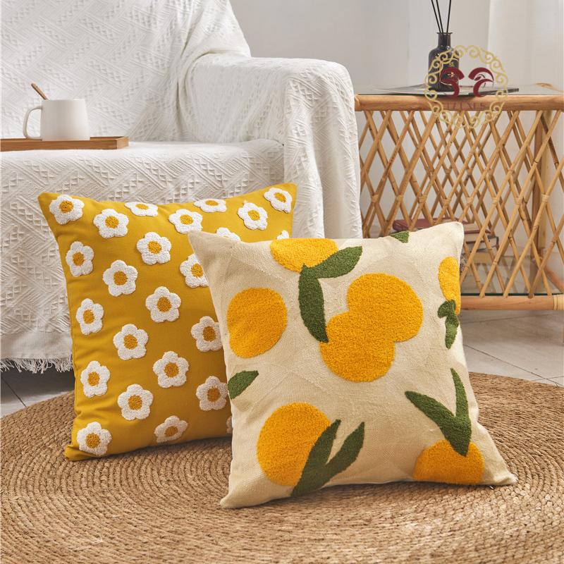 Cream Flower Orange Girl Heart Bright Yellow Small Fresh Embroidered Cushion Embroidered Living Room Sofa Pillow