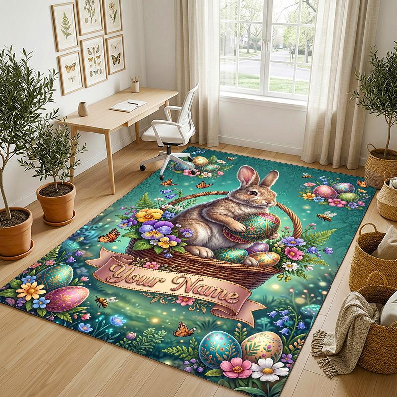 Easter Bunny Theme Crystal Velvet Rug Personalized Custom Name Text Soft Floor Mat Home Decor