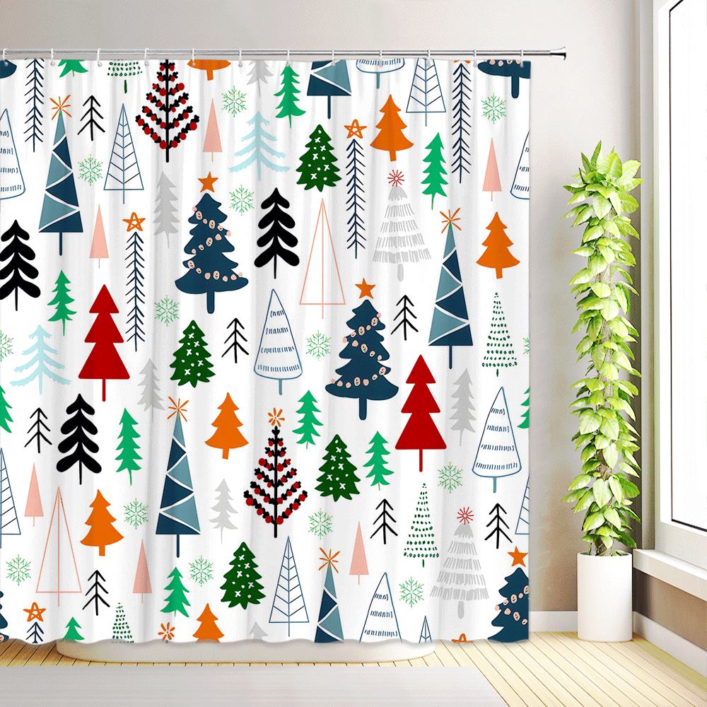 Weihnachtsbaum Duschvorhang Winter Schneeflocke Stern Kiefernwald Büffelkaro Weihnachten Badevorhang Stoff Badezimmerdeko mit Haken