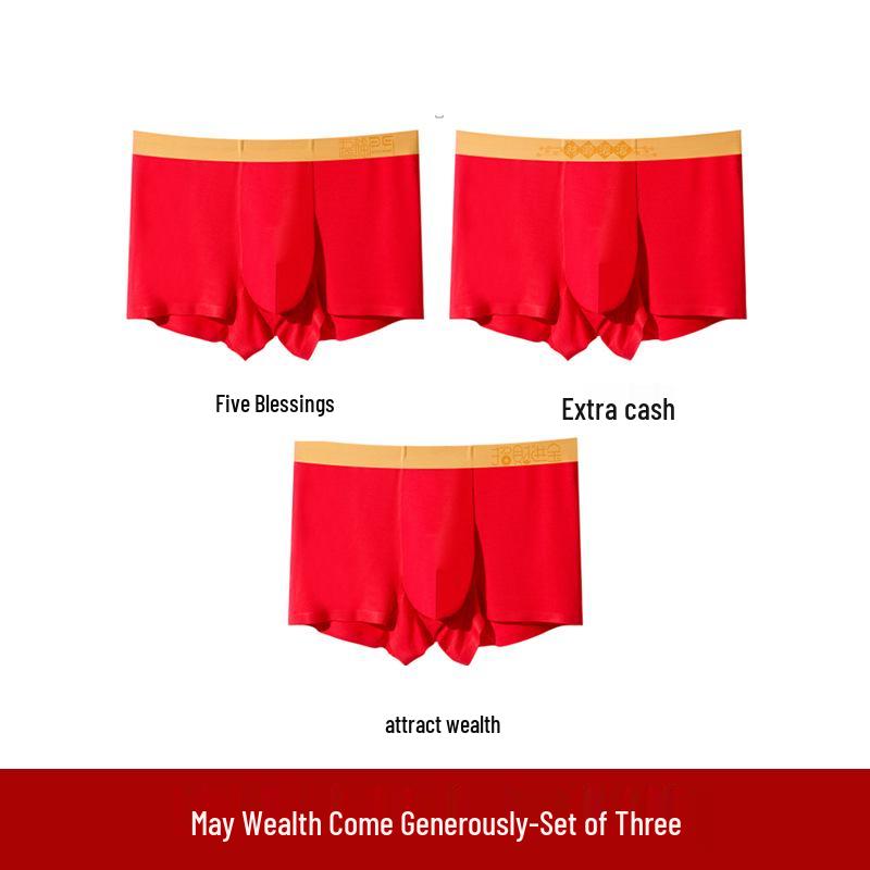Men's Red Antibacterial Modal Boxer Briefs - New Year Wedding, Breathable, Youth Square Leg