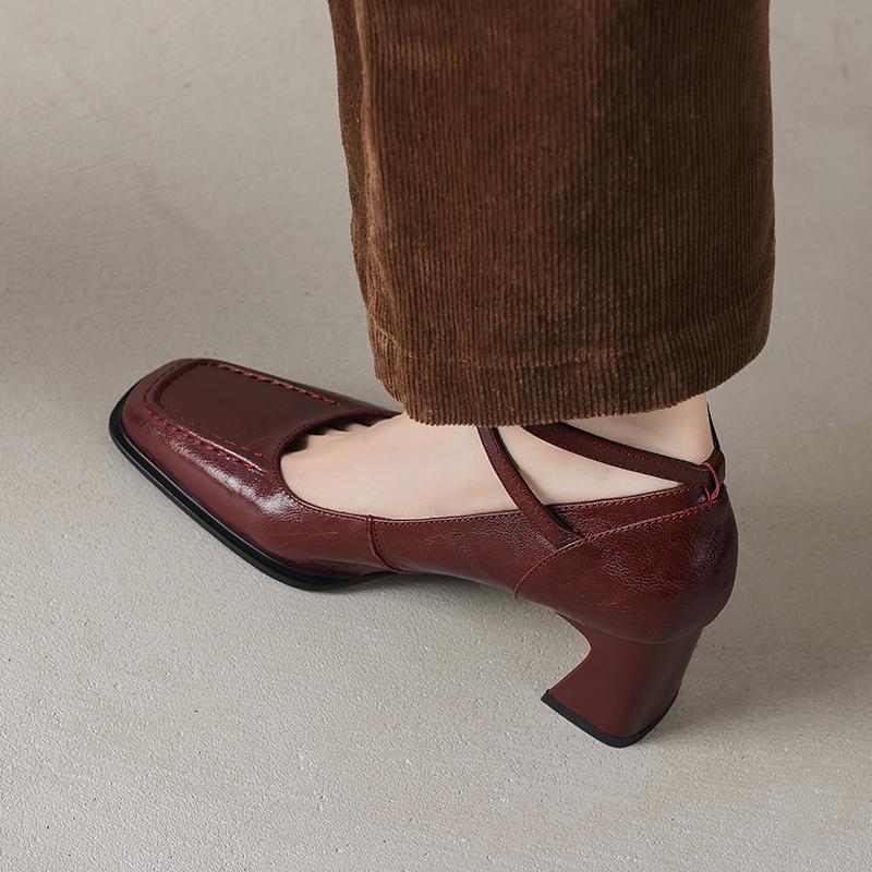 Fashion 2025 New Spring Genuine Leather Shoes LEISURE Style Square Toe High Heels Pumps Buckle Strap Women Shoes Fashion Ladies Shoes
