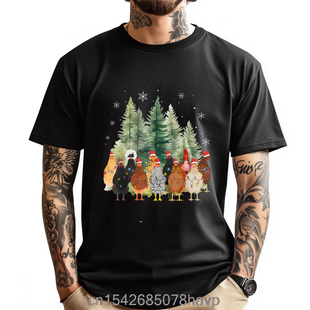 Funny Chicken Christmas Lights Farm Animal Cute Xmas Holiday Printed T-shirt Fashion Casual Clothing