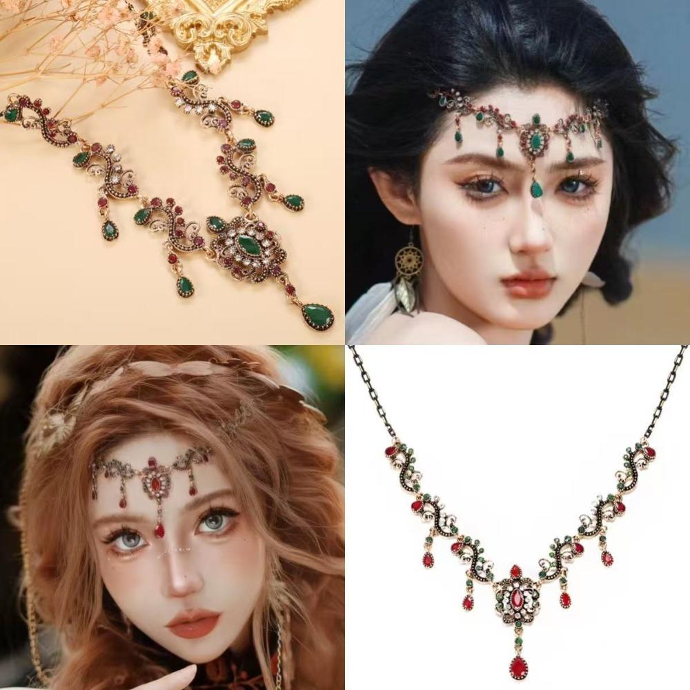 Vintage Tibetan Tassel Necklace Rhinestone Forehead Chain Fashion Ethnic Style Necklace  Wedding